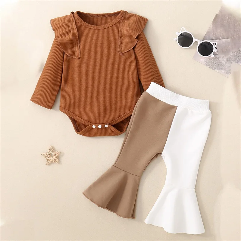 

Suefunskry Infant Baby Girl Spring Fall 2Pcs Outfit Solid Color Ribbed Flying Sleeve Romper with Contrast Color Flared Pants