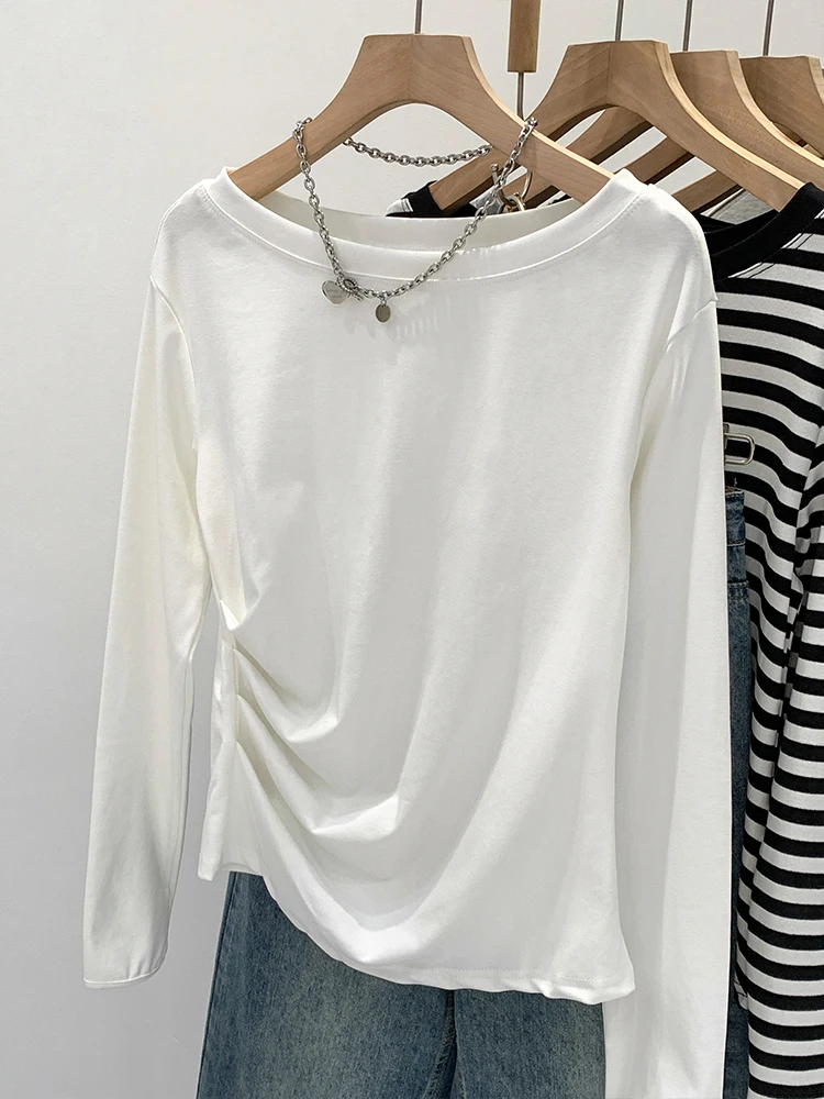 Elegant Striped Long Sleeve Shoulder Bared T Shirt Women's Inner Wear Base Shirt Spring 2026 New Style Commute Korean Fit