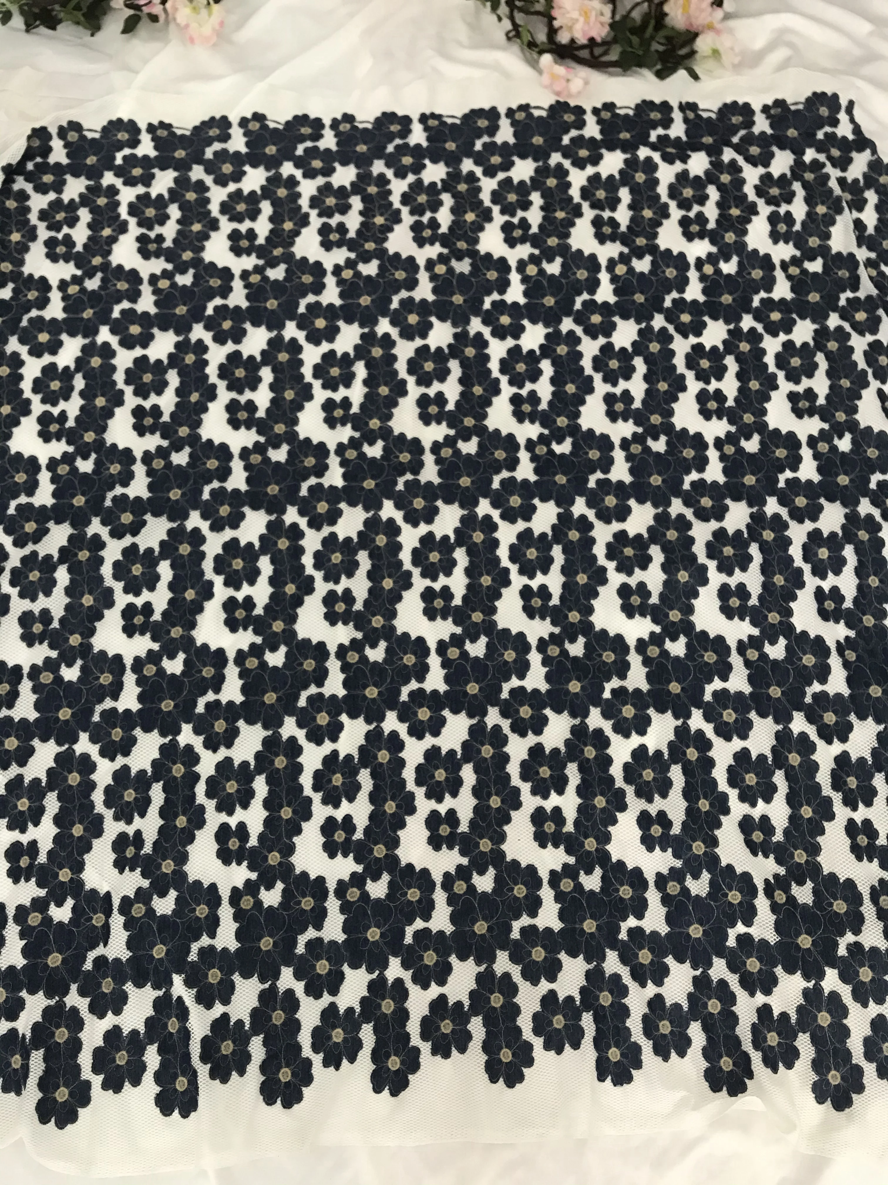 3M Good quality denim embroidered white thick mesh fabric DIY dress fashion fabric decoration X1005