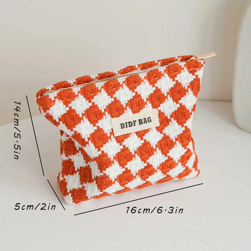 DJDF Orange Plaid Women\'s Cosmetic Bag Small Double Canvas Portable Zipper Lipstick Storage Bag Commuter Coin Purse Card Holder