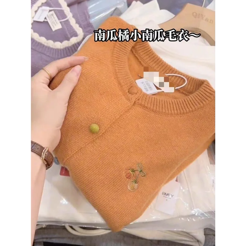 Beautiful Pumpkin Orange Round Neck Embroidered Knitted Cardigan Women Autumn Winter Raccoon Velvet Sweater Jacket