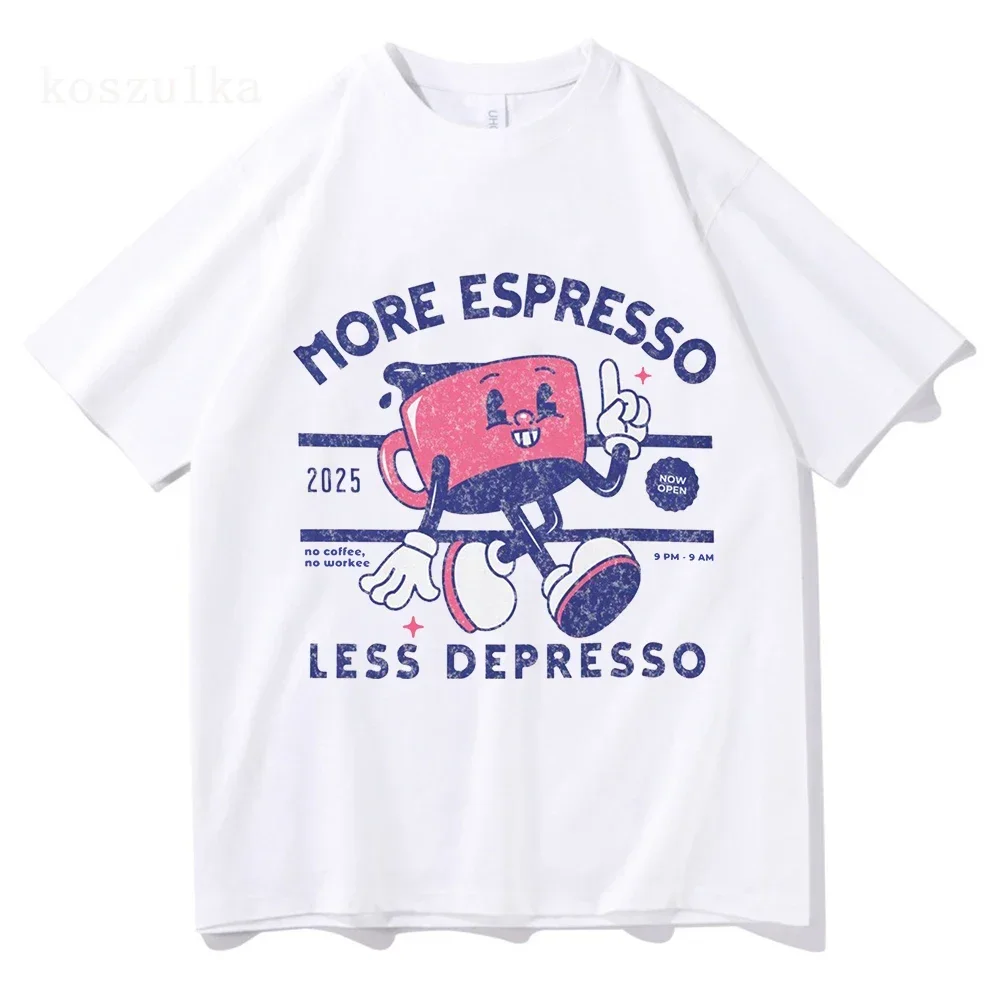 Więcej Espresso Mniej Depresso Koszulka Damska Harajuku Vintage Graficzny T-shirt Unisex Letni Trend Top Retro Koszulki
