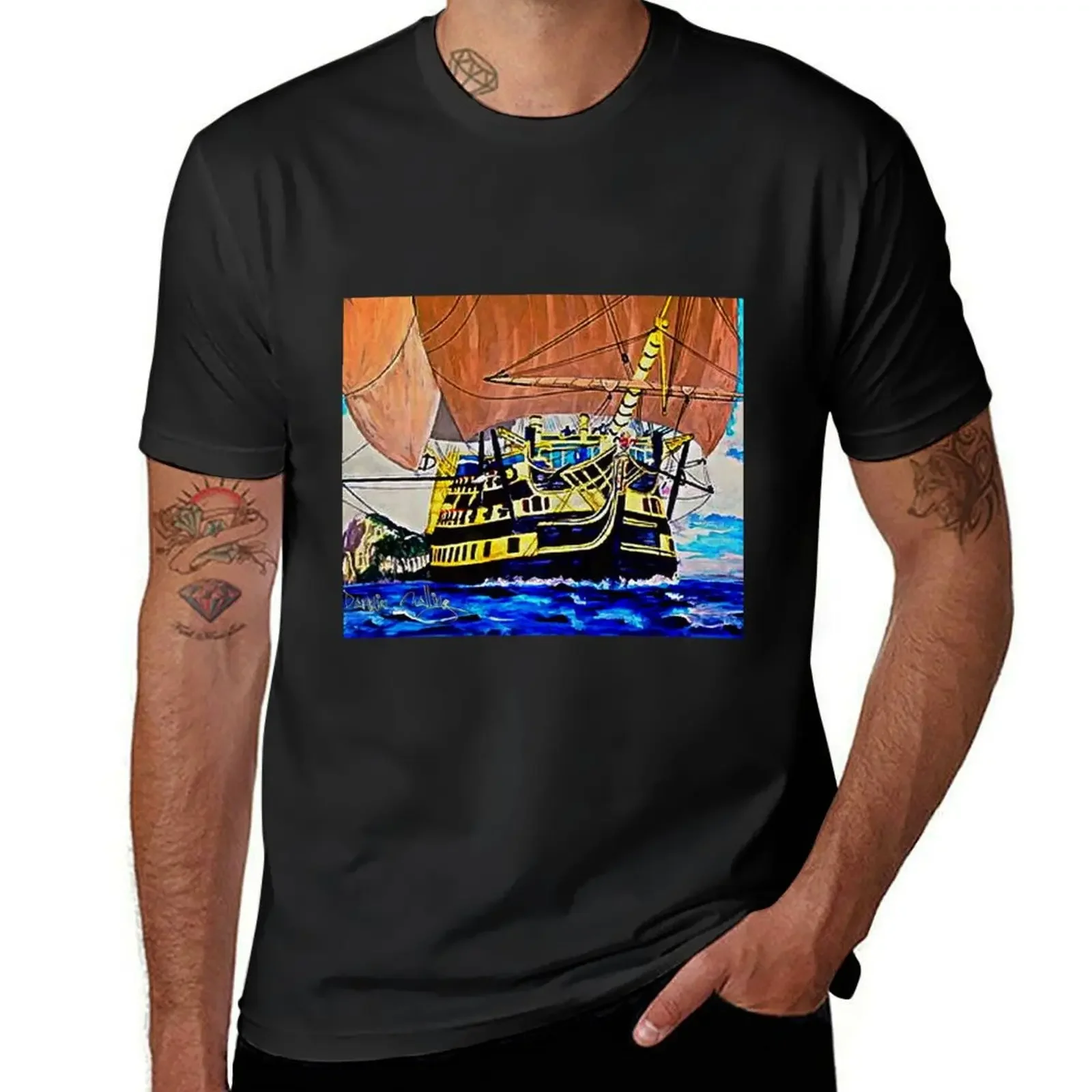 My Acrylic painting of HMS Victory Leaving Gibraltar 1805 T-Shirt man t shirt summer top men clothing