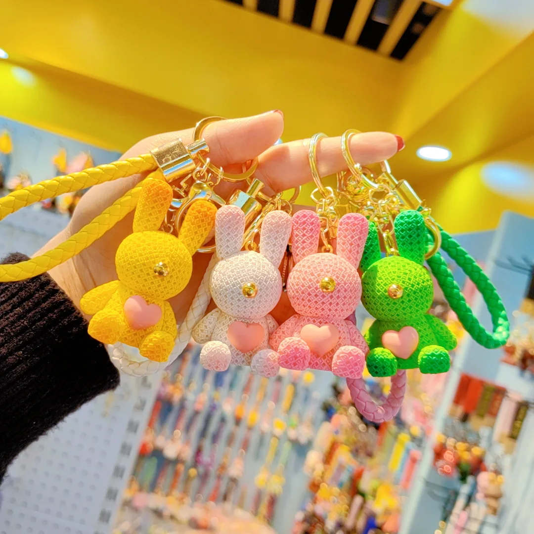 Cute Cartoon Resin Peach Heart Knitting Rabbit Pendant Keychain Gradient resin small bell rabbit keychainCreative Couple Kids Gi