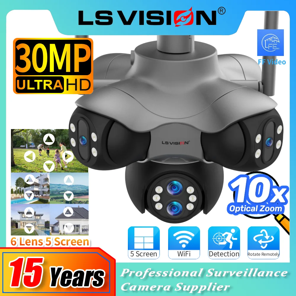 

LS VISION 30MP 5-Screen WiFi IP Camera Outdoor 10X Optical Zoom 6 Lens 5 PTZ Surveillance Camera Auto Tracking CCTV Security Cam