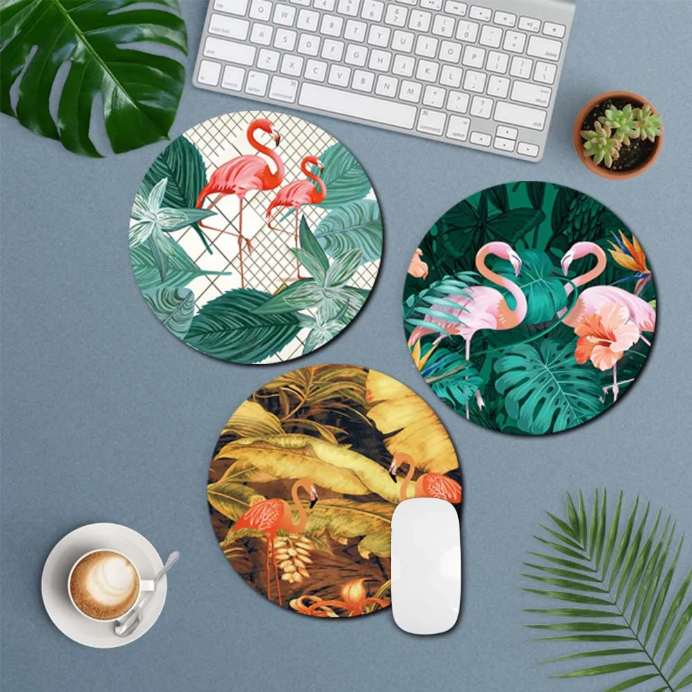1pc Round PU Mouse Pad 22x22cm Non-Slip Gaming Desktop Mouse Pad Anti-Scratch Easy To Clean Mat Women Flamingo Pattern