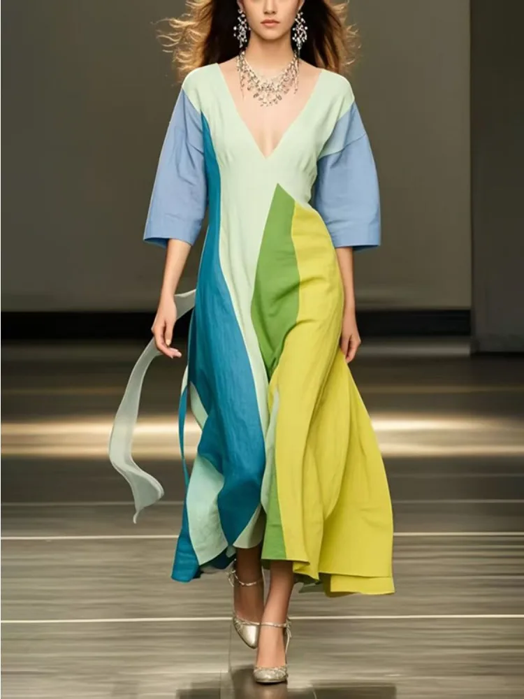 

Freeacy 2025 Women Dress Deep V-neck Half Sleeves High Waist A-line Pleated Party Dress Contrast Color Casual Midi Dresses