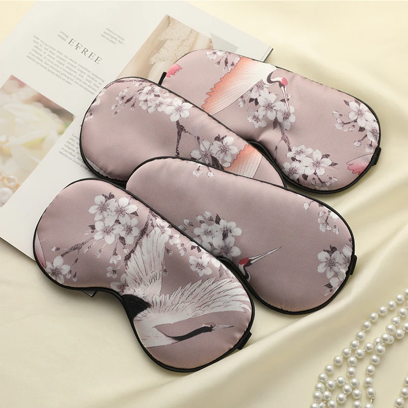 Imitated Silk Sleeping Eye Mask Cover For Women Men Printed Crane Eyepatch Blindfold Sleep Mask Night Travel Nap Relax Eye Patch