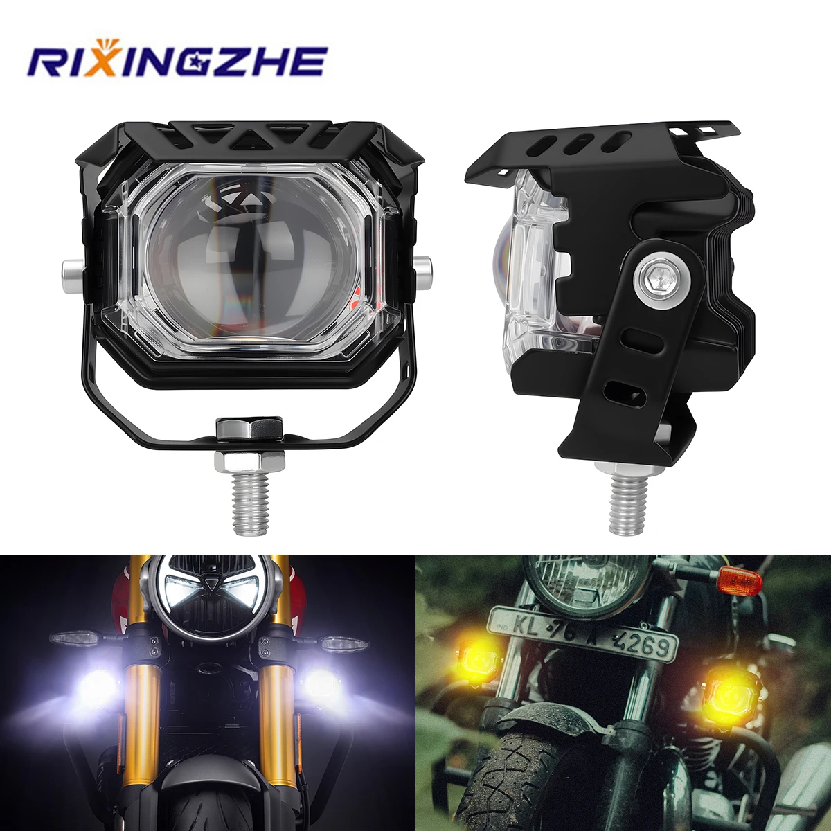 

Motorcycle LED Spotlight Auxiliary Fog Lamp Hi/Lo Beam Light LED Lens Dual Color Yellow White Day Running Light Flash Red Blue
