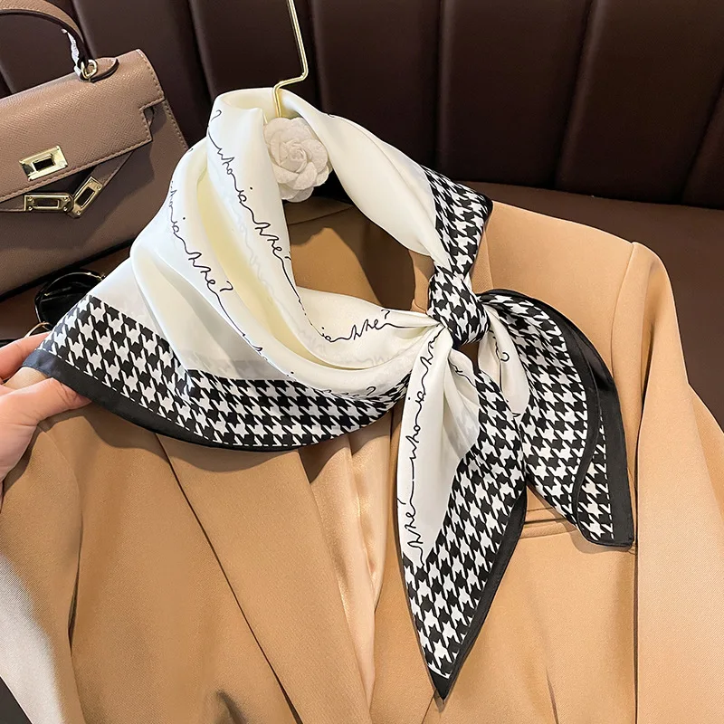 Luxury Plaid Print Square Scarf for Women Soft Satin Hairband Neck Tie Head Hijab Headband Foulard Bag Ribbons Gift Office