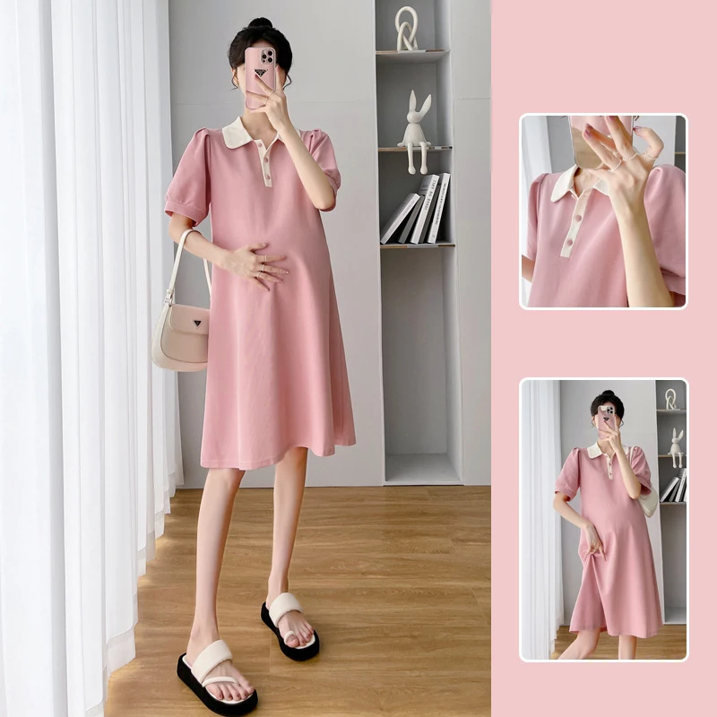 New Summer Maternity Top Belly-covering Lapel Dress Trendy Mom Summer Fashion Loose Skirt Comfortable Maternity Wear