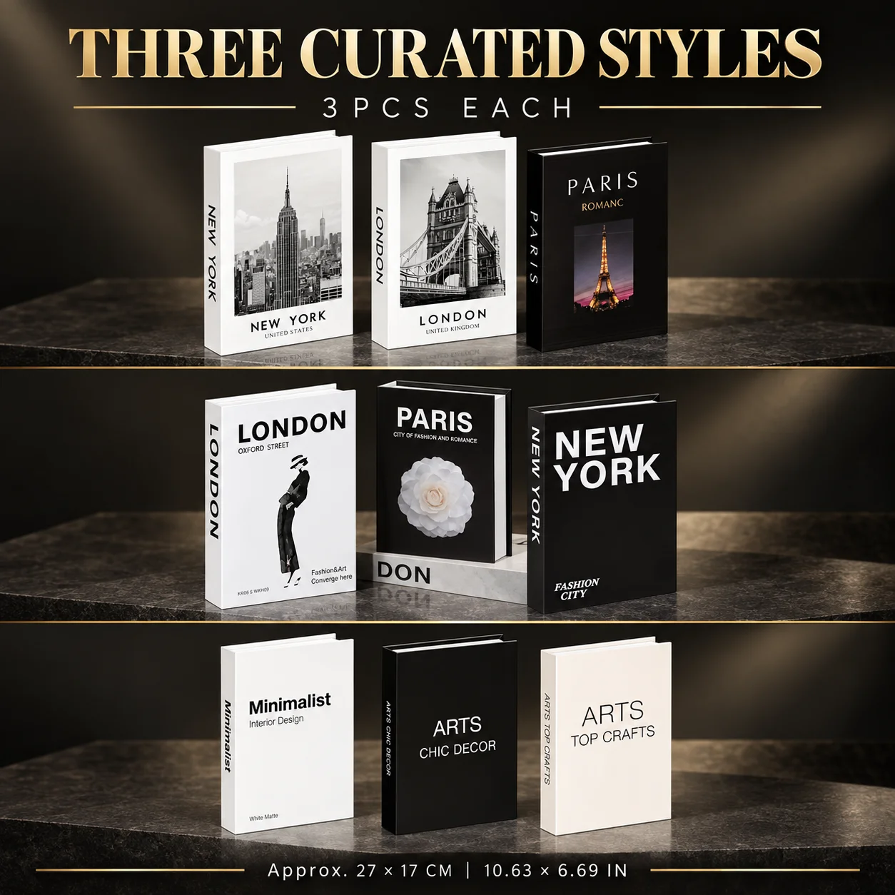 3PCS Foldable Decorative Faux Book Set, Black White City and Minimalist Shelf Decor for Coffee Table Home Office