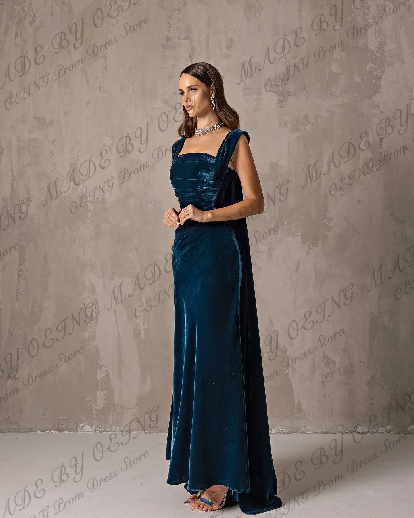 OEING Vintage Blue Evening Dresses Elegant Square Neck Velvet Glitter Silk Pleated Prom Dress Formal Occasion Gowns Customized