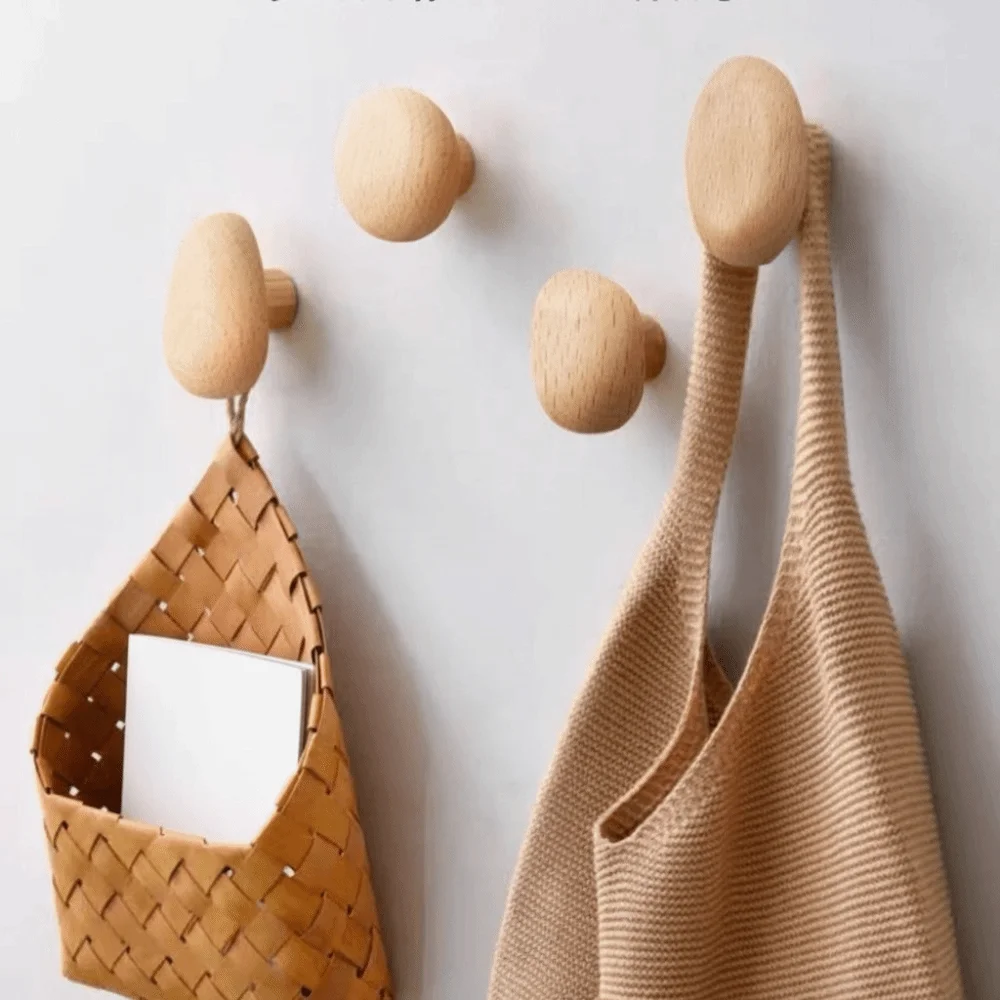 

4pcs Robe Hook Beech Walnut Wood Wood Hook Solid Wood Punch Free Wall Hook Simple Design Wood Handle Towel Hook Clothes Storage