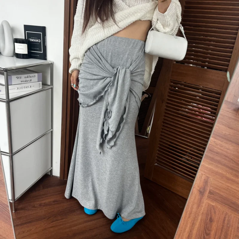 High Waist Asymmetrical Midi Skirt with Wood Grain  Korean Style Fashionable Versatile Wrap Style Women's Skirt