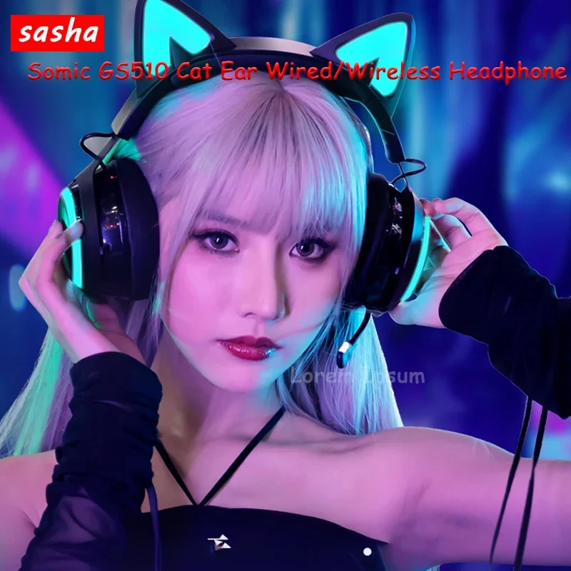 有線/無線ビデオゲーム用ヘッドセット,Somic-Gs510 g,猫の耳付きRGBライトヘッドセット,eスポーツヘッドセット,女の子用,ゲーマー用デスクトッププレーヤー,カスタムギフト,2.4