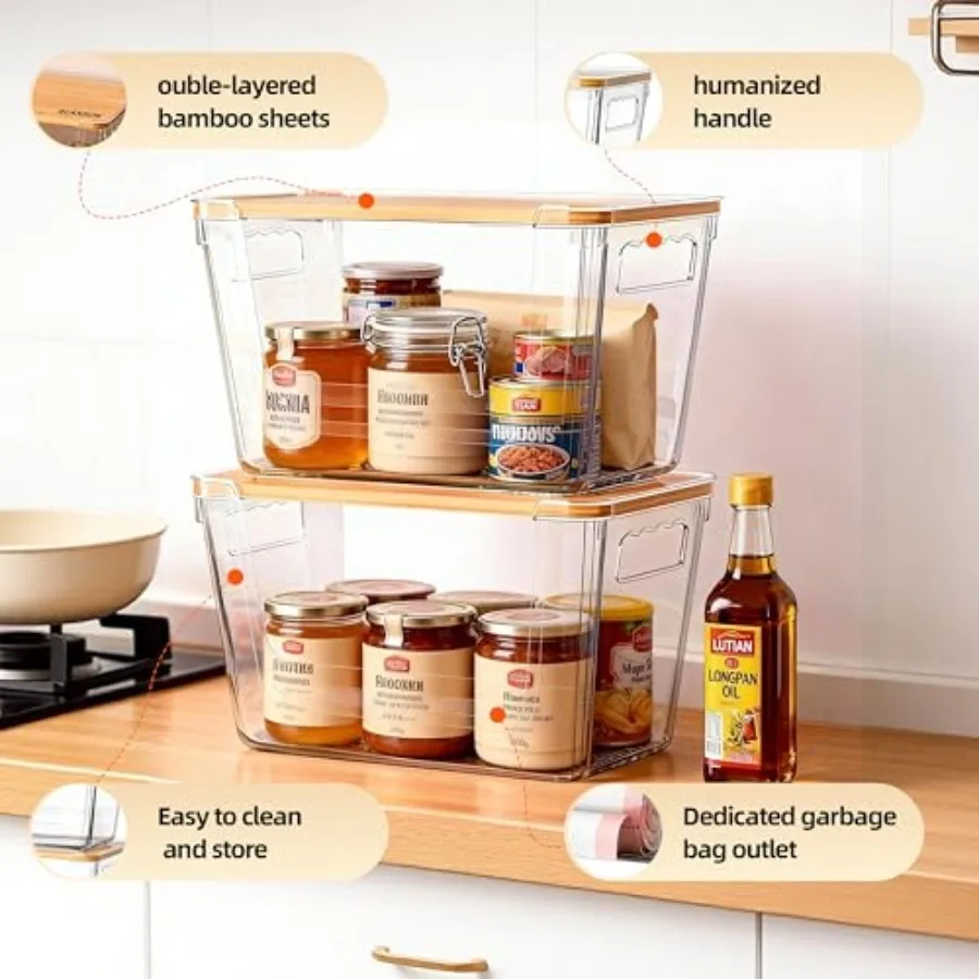 4 Pack Clear Storage Bins with Bamboo Lid, Garbage Bag Dispenser, Pantry Organizers and Storage for Onion Potato, Under Sink Or view 5