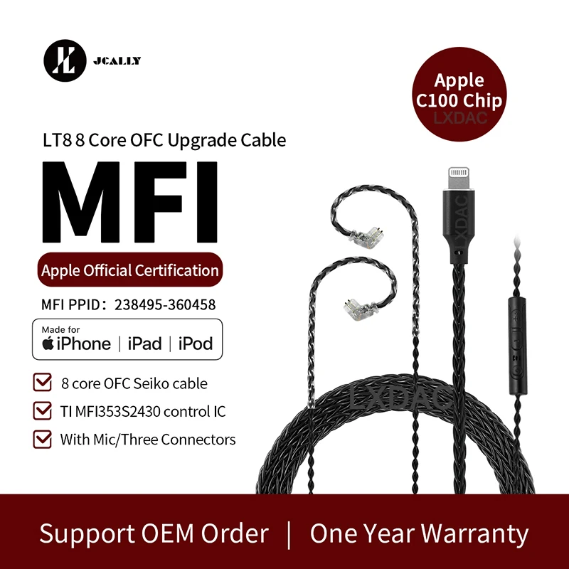 JCALLY LT8 LT4S Light-ning Upgrade Cable 4 strands 5N oxygen-free copper OFC wire for iphone iOS TRN MT1 KZ EDX ZST ZSN PRO