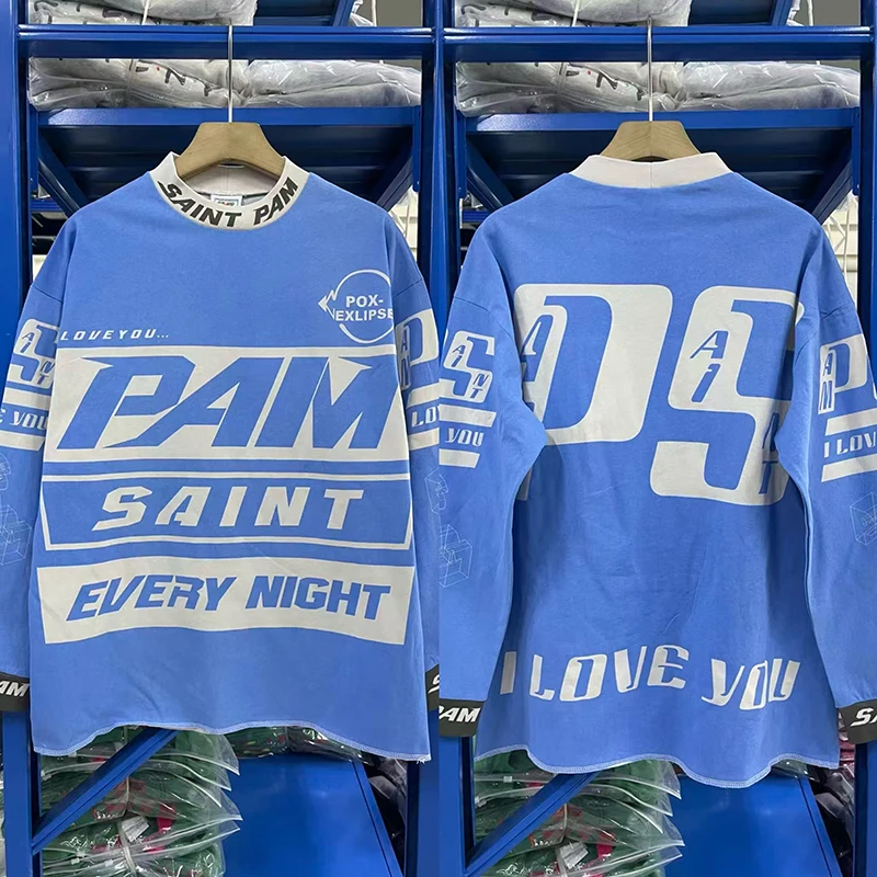 الرجعية الأزرق سانت الشرير نمط تي شيرت الخريف القطن غسلها أزياء فضفاضة طويلة الأكمام #1