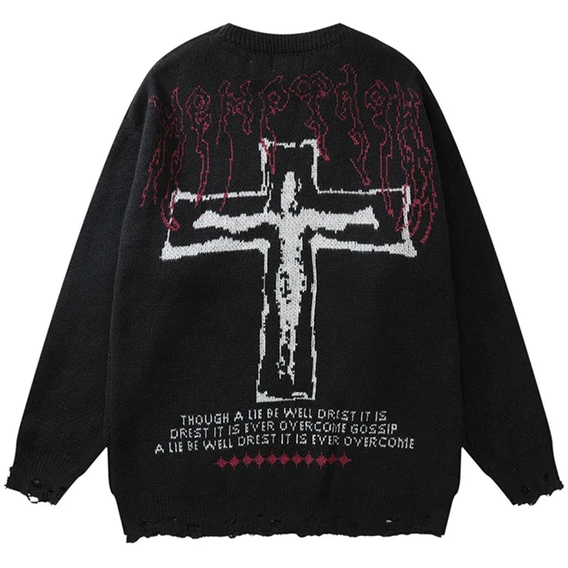 

Y2K autumn and winter retro sweater street wear hip-hop tear hole knitted cross punk gothic jumper fashion Harajuku knitted pull