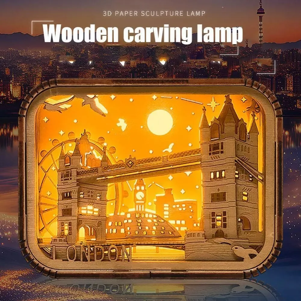 

USB Night Light New Bedside Decor City Series Table Lights Creative Gifts 3D Wood Carving Lamp