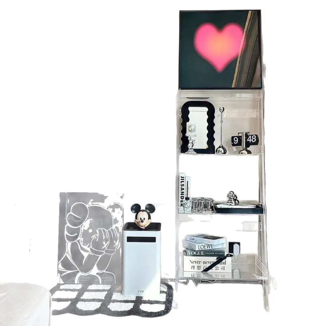 رف كتب أكريليك مقابل رف الحائط، رف عرض بسيط لغرفة المعيشة، أرضية إبداعية #5