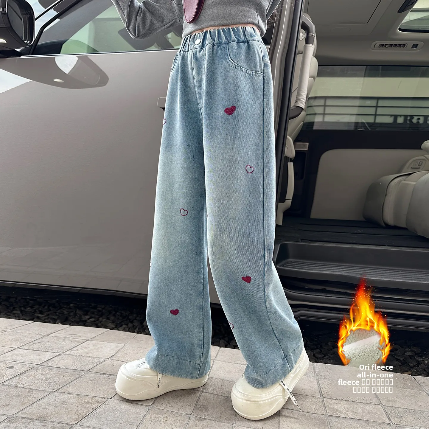 Pantaloni a Gamba Larga Ricamati per Ragazze Thiened Fce, Jeans Casual alla Moda Invernali per Ragazze dai 6 ai 12 Anni