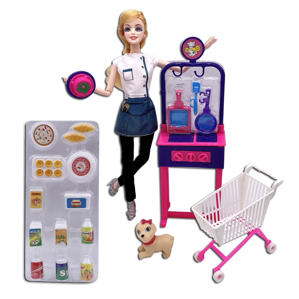 DIY 30cm Doll Mall Shopping Cart Automatic Cashier Kitchen Food Kitchenware Toy House Accessories Children Toy Girl Set Gift