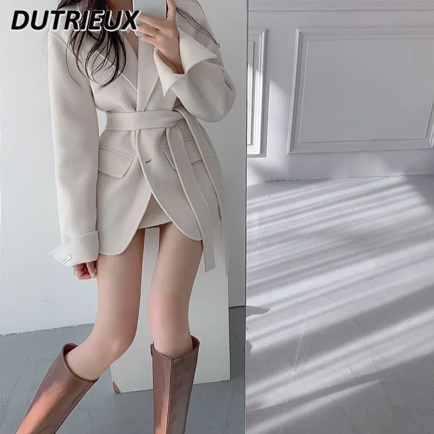 Coreano Chic otoño temperamento Blazer chaqueta con cuello diseño de bolsillo con cordones cintura fina abrigo de lana de manga larga para mujer