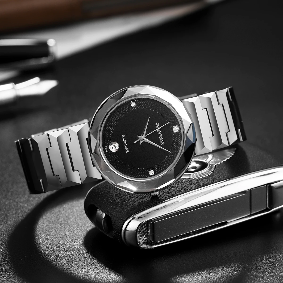 

JS round thin tungsten steel material strap date waterproof watch men's Switzerland quartz movement sapphire glass watch busine