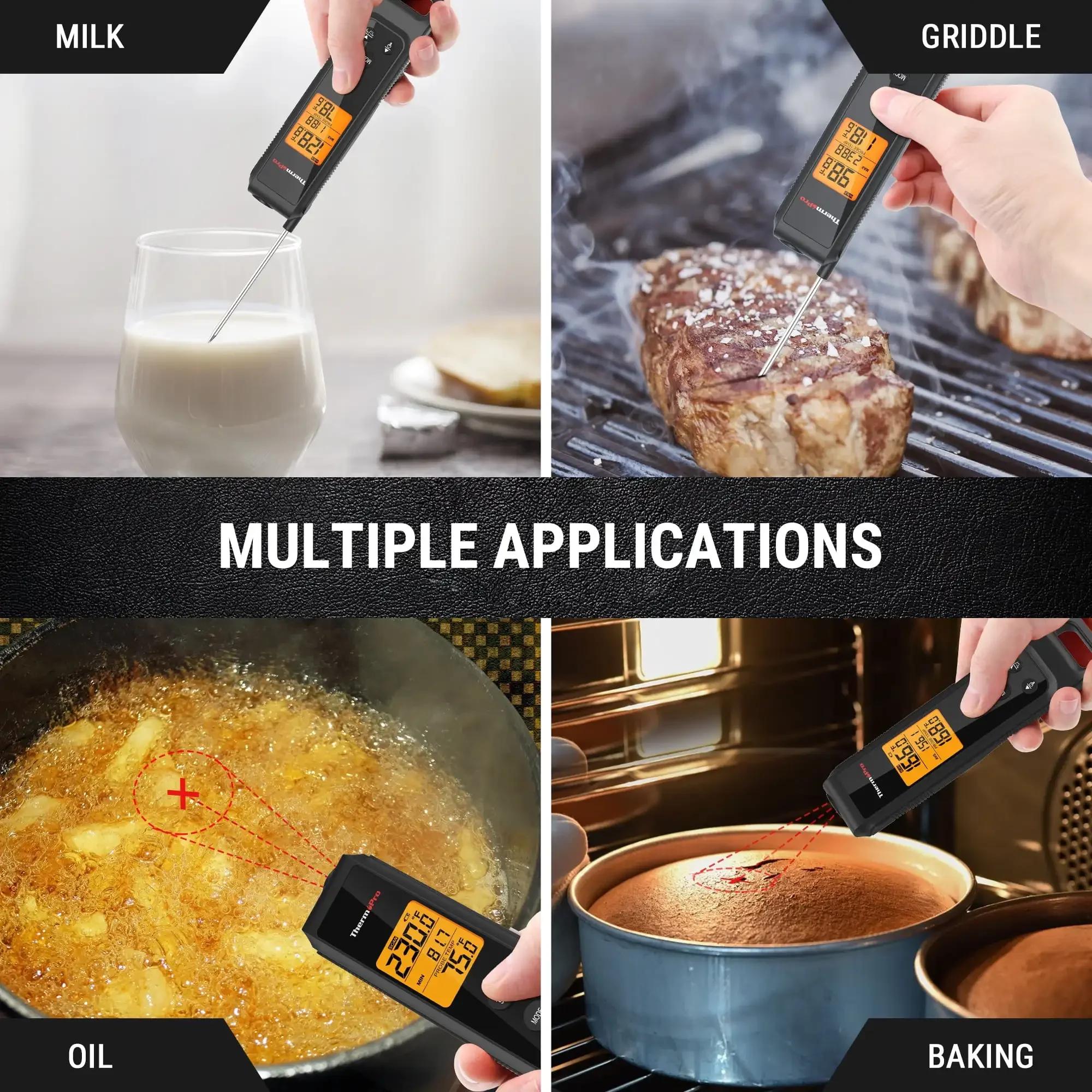 Termómetro para carne de lectura instantánea y infrarroja 2 en 1, para asar, barbacoa, horno y cocinar con pizza, precisión de modo dual