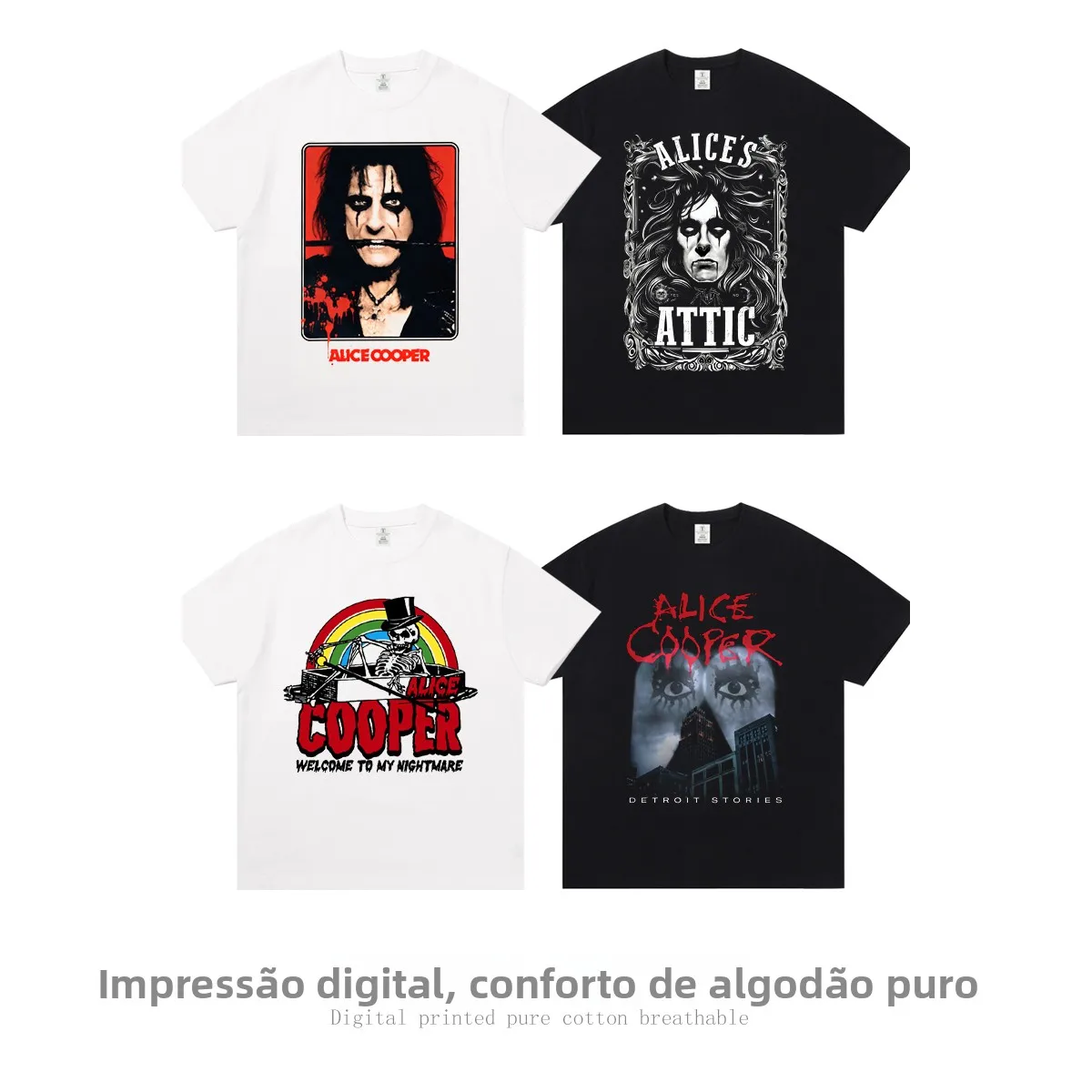 Camiseta Unissex Alice Cooper Concert Tour Support Preta de Vinil com Estampa de Rock, Algodão, Manga Curta, Gola Redonda, Cr...
