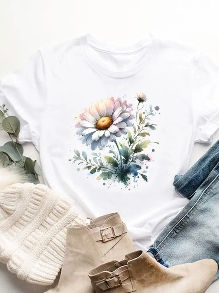 Love Heart Flower Casual Graphic T-shirts Women's Clothing Tshirts Print Short Sleeve Top Woman Fashion Printing Tee