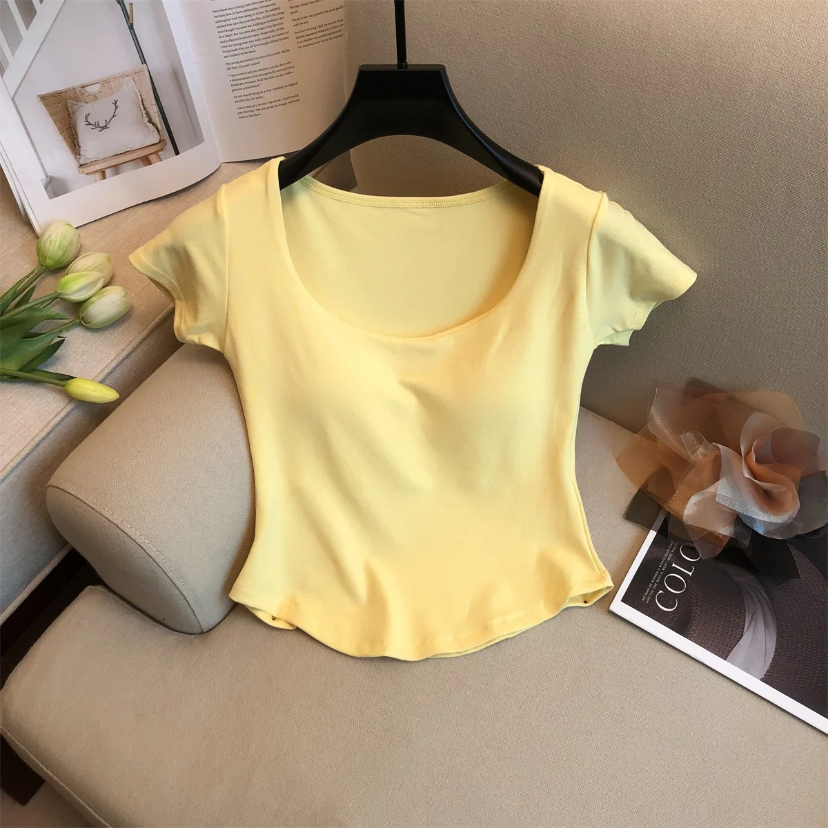 Sexy Spicy Girl Short Sleeve U-Neck T-Shirt Women's Summer Versatile Pure Desire Fashion Top with Chest Pad Shoulder Width Re...