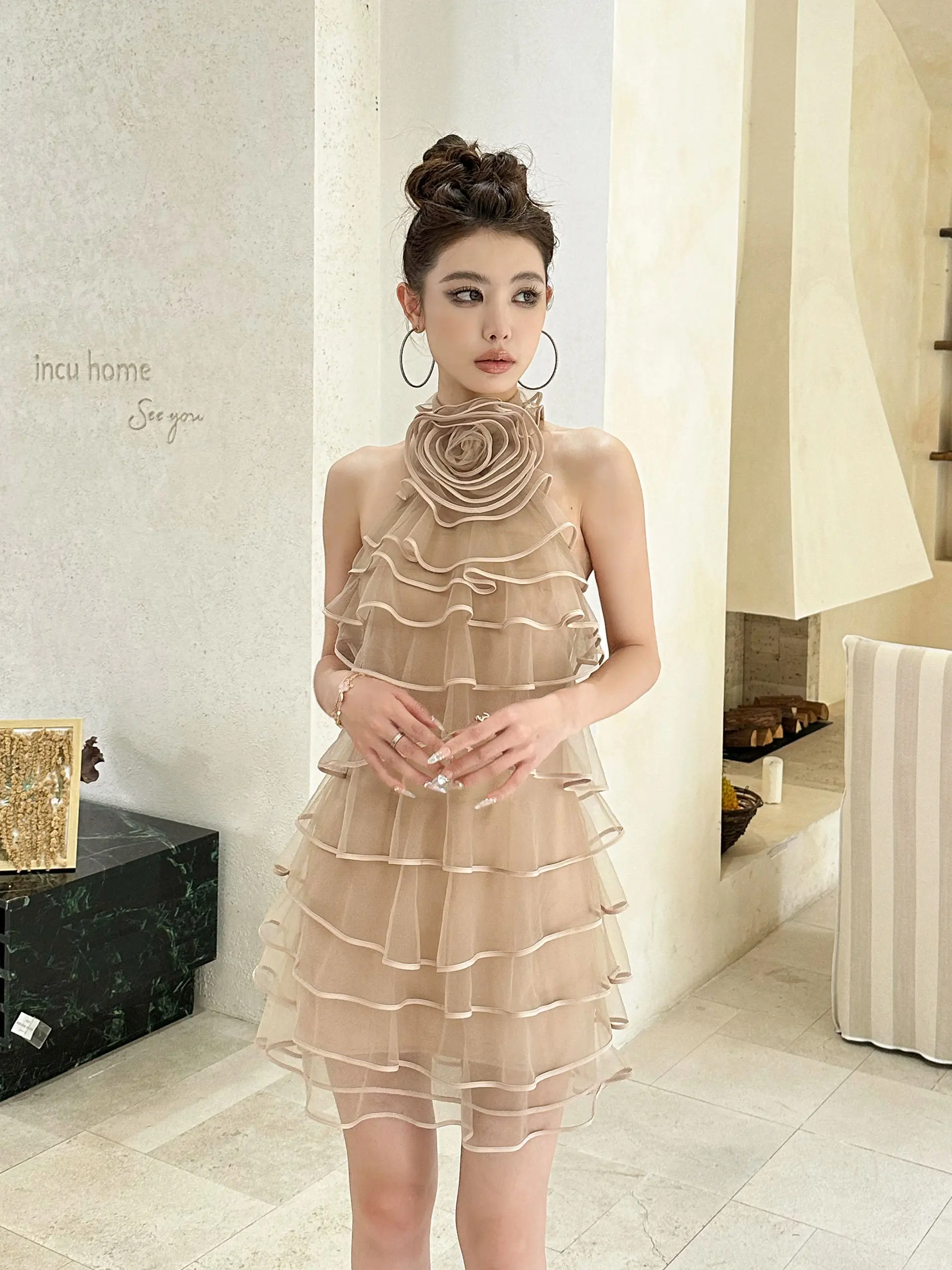 Magnólia pétalas em camadas svel chiffon dr com guarnição de renda cintura alta bolo sle verão ins sle vestido de cor pura