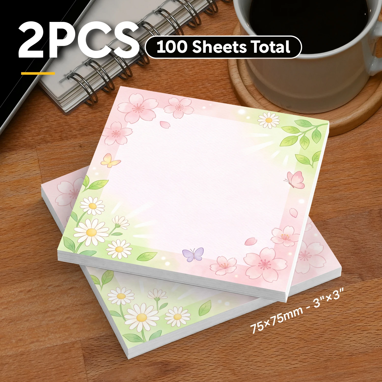 2pcs Floral Sticky Notes, Spring Flower Memo Pads, 100 Sheets Total, Removable Self-Adhesive Notes for Planner, To-Do List