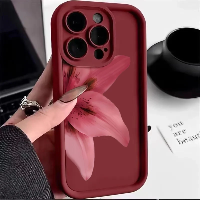 Funda de teléfono suave con estampado de flores rojas vino para iPhone 13 12 11 16 15 Pro Max 14 15 Pro 16E XR X XS Max 8 7 Plus SE2 cubierta a prueba de golpes