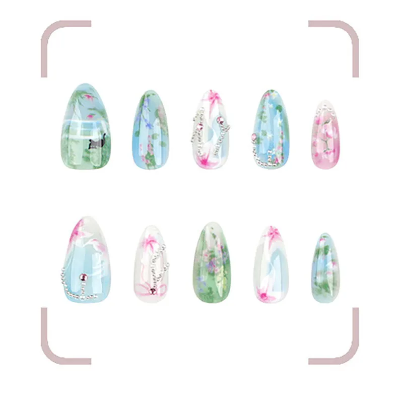 24-delige amandel manicure nepnagels tuinstijl kleine verse bloemen dragen een stuk pantser lente zomer nieuwe nepnagels