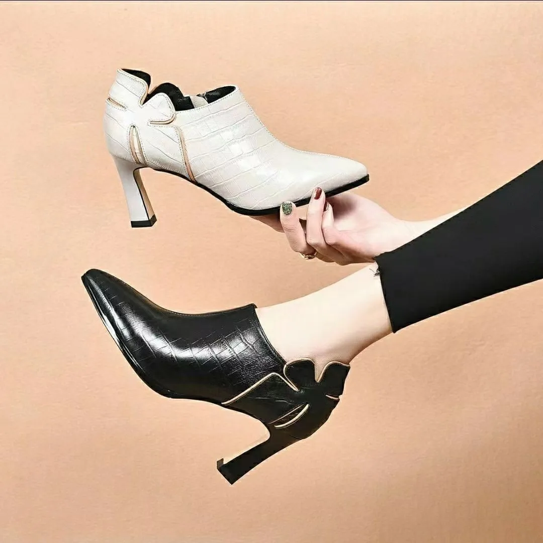 Deep Mouth Solid Color Single Shoes Spring and Autumn New Thick Heel Fashion All-match Pointed Side Zipper Leather Shoes