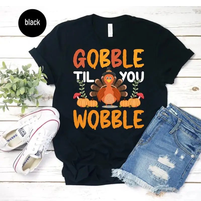 Mens Gobble Til You Wobble Thanksgiving Fall Leaf Turkey Runner Running T Shirt