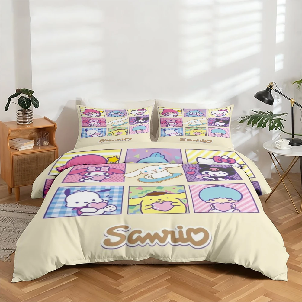 3Pc High-Definition Digital Printed Bedding Set Sanrio Cartoon Pattern Large Floral Duvet Cover Set, Includes 1 Duvet Cover + 2 Pillowcases, Suitable for Bedroom, Guest Room, Home Decoration, Polyester Fiber Duvet Cover + Pillowcase, Ultra-Soft Bedding, Thick Fabric, Suitable for All Seasons, Machine Washable