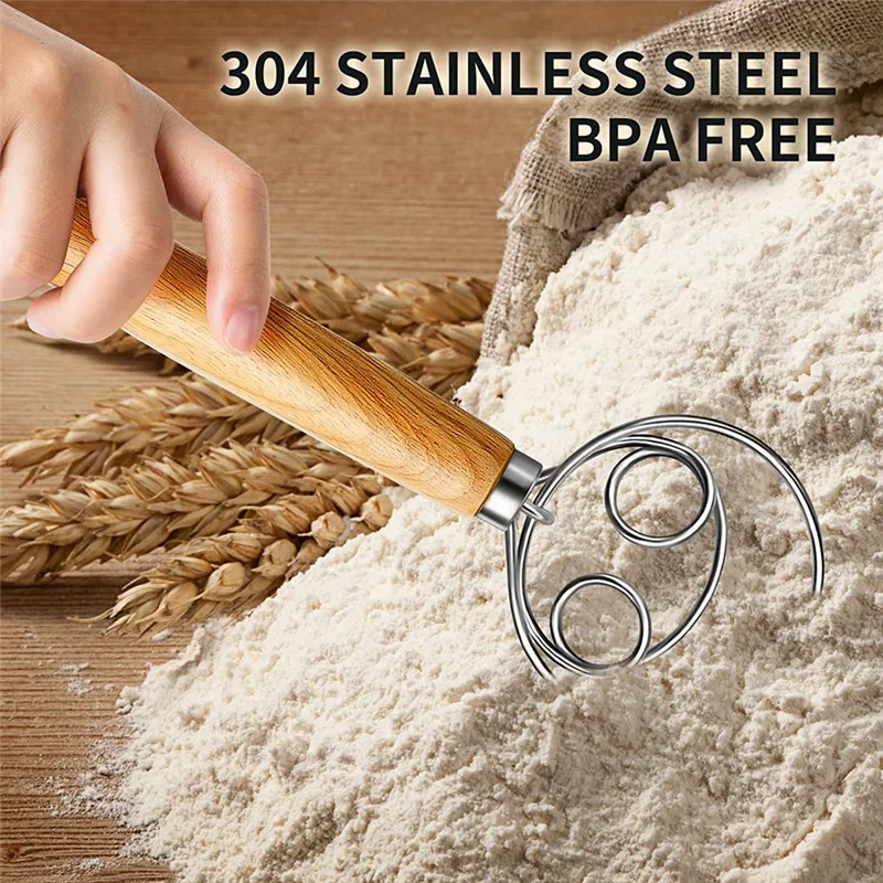 

Dough Whisk Danish Dough Whisk Dutch Style Bread Dough Hand Mixer Wooden Handle Kitchen Baking Tools