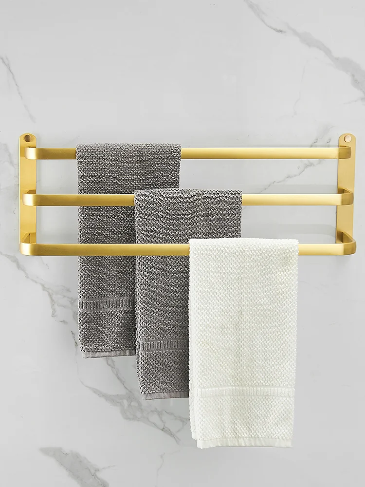 Brushed Golden Bathroom Towel Rack Double Rod  Hanger Three-Layer Towel Hanging Rod Light Luxury Punch-Free Wall-Mounted