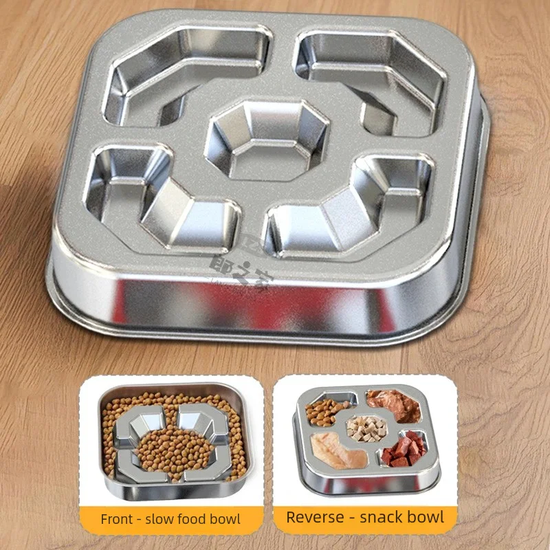 304 Square Stainless Steel Slow Feeder Bowl Pet Tableware Cat Dog Large Dog Anti-Tip Slow Feeder Bowl Pet Supplies