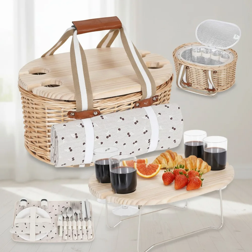 

4-Person Insulated Picnic Basket Set with Waterproof Blanket, Wine Table & Cutlery - Perfect for Camping, Outdoor Dates