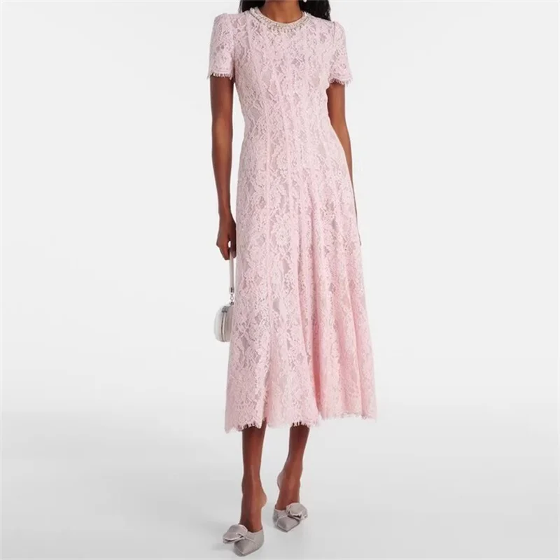 

Women's dress New lace flower embroidery long dresses for summer 2025 Round neck slim short sleeved long dresses party dresses