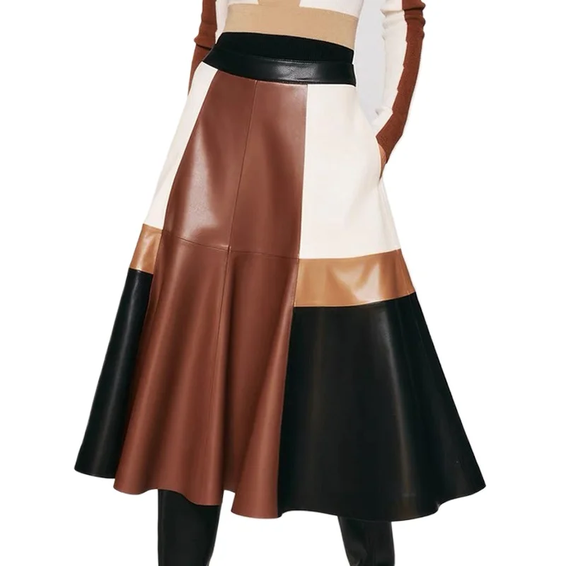 Clothing 2025 Spring and Autumn Fashion Contrast Color Leather 80CM Long Skirts Female Retro Patchwork Large Swing  Faldas