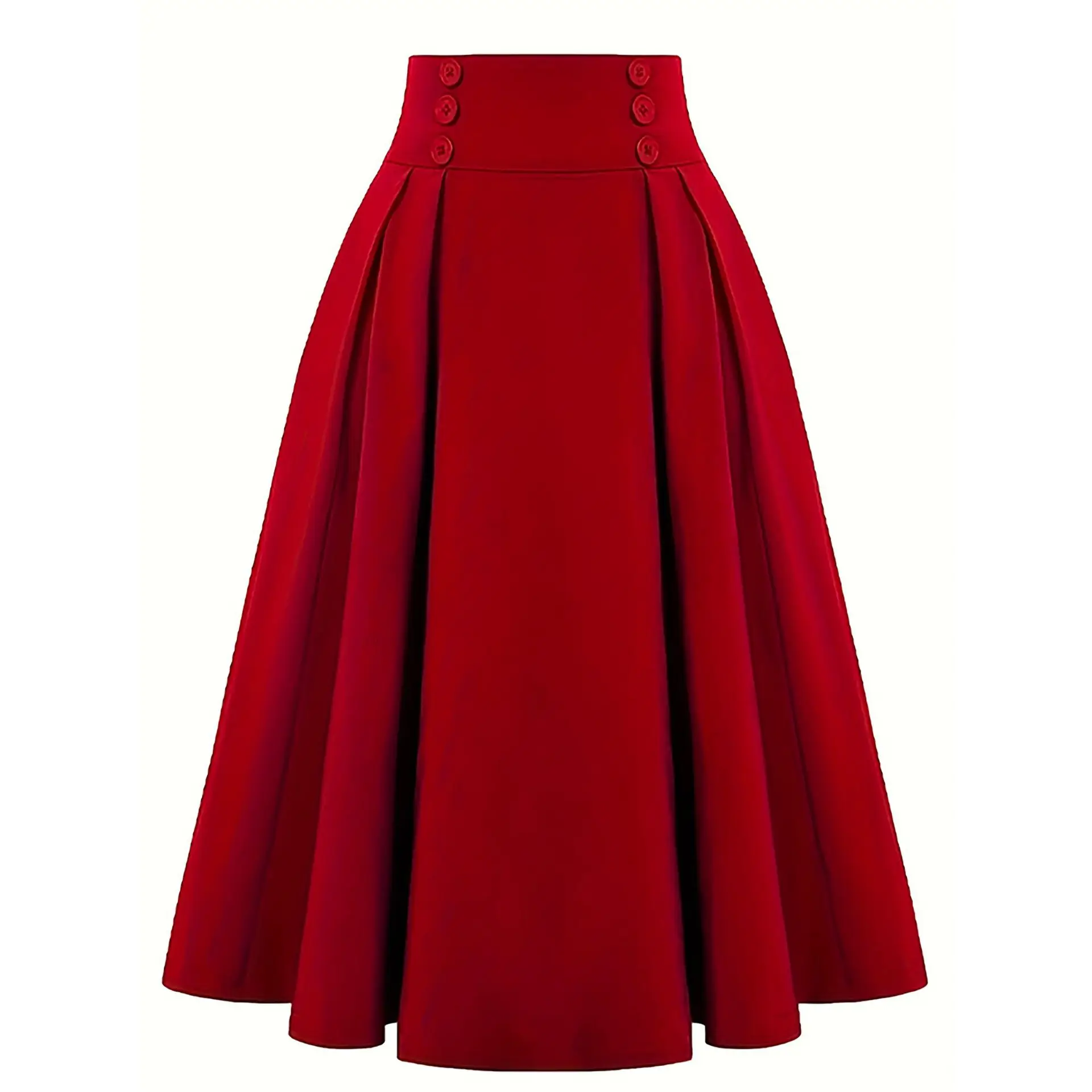 50s Vintage Solid Color Double Breasted High Waist Pleated Skirts  Autumn Winter Retro Elegant A-Line Skirts