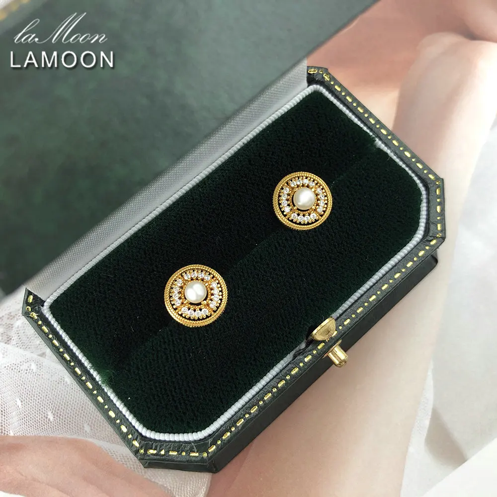 

LAMOON Freshwater Pearl Earring 925 Sterling Silver Stud Earrings For Women 14K Gold Plated Vintage Fine Jewelry Korean LMEI106