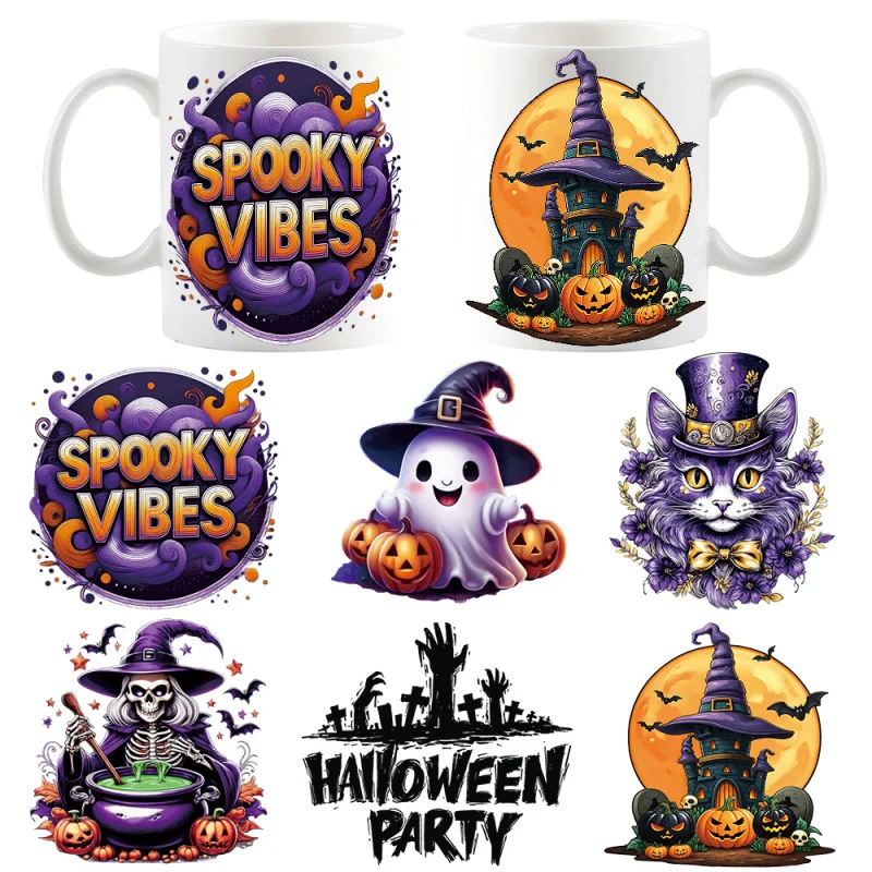 6pcs/Set Halloween Ghost Design UV DTF Cup Wraps Transfer Paper Stickers for 16Oz Glass Jars Crafts, Laptops, Notebooks Self-ade
